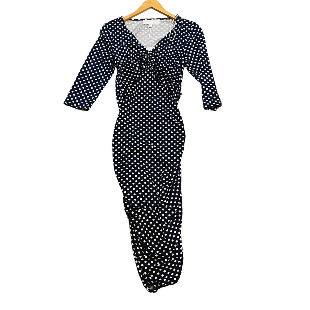SUPERFOXX NWT NAVY & WHITE Polka Dot Fitted Ruched Midi DRESS